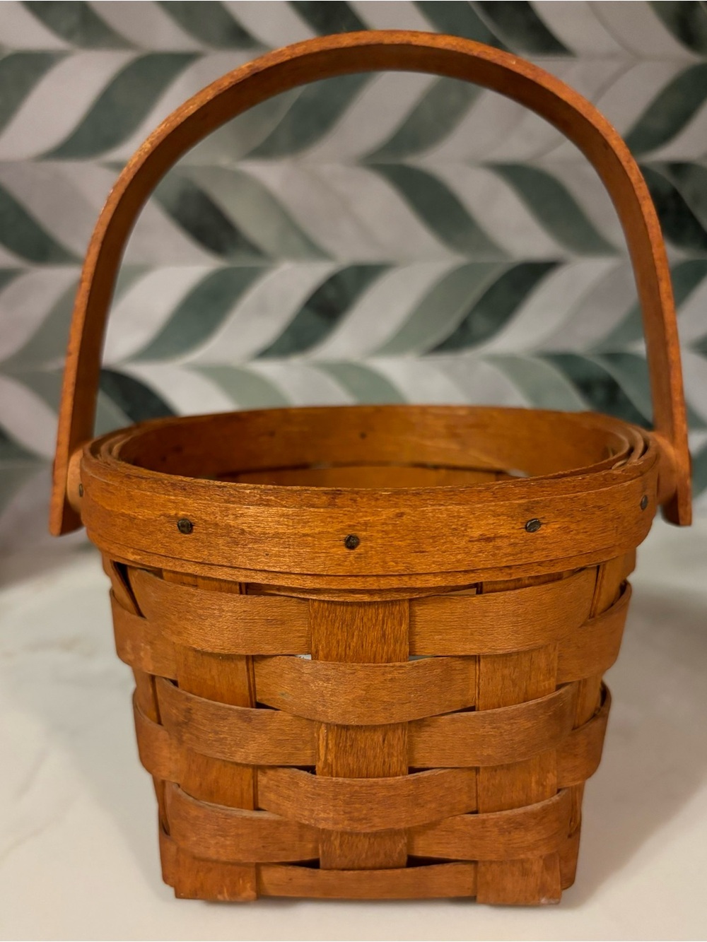 Small Longaberger Woven Wood Basket with Handle, c. 1989